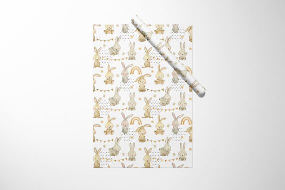 A Boho Rainbow Bunny Wrapping Paper with rabbits on it.