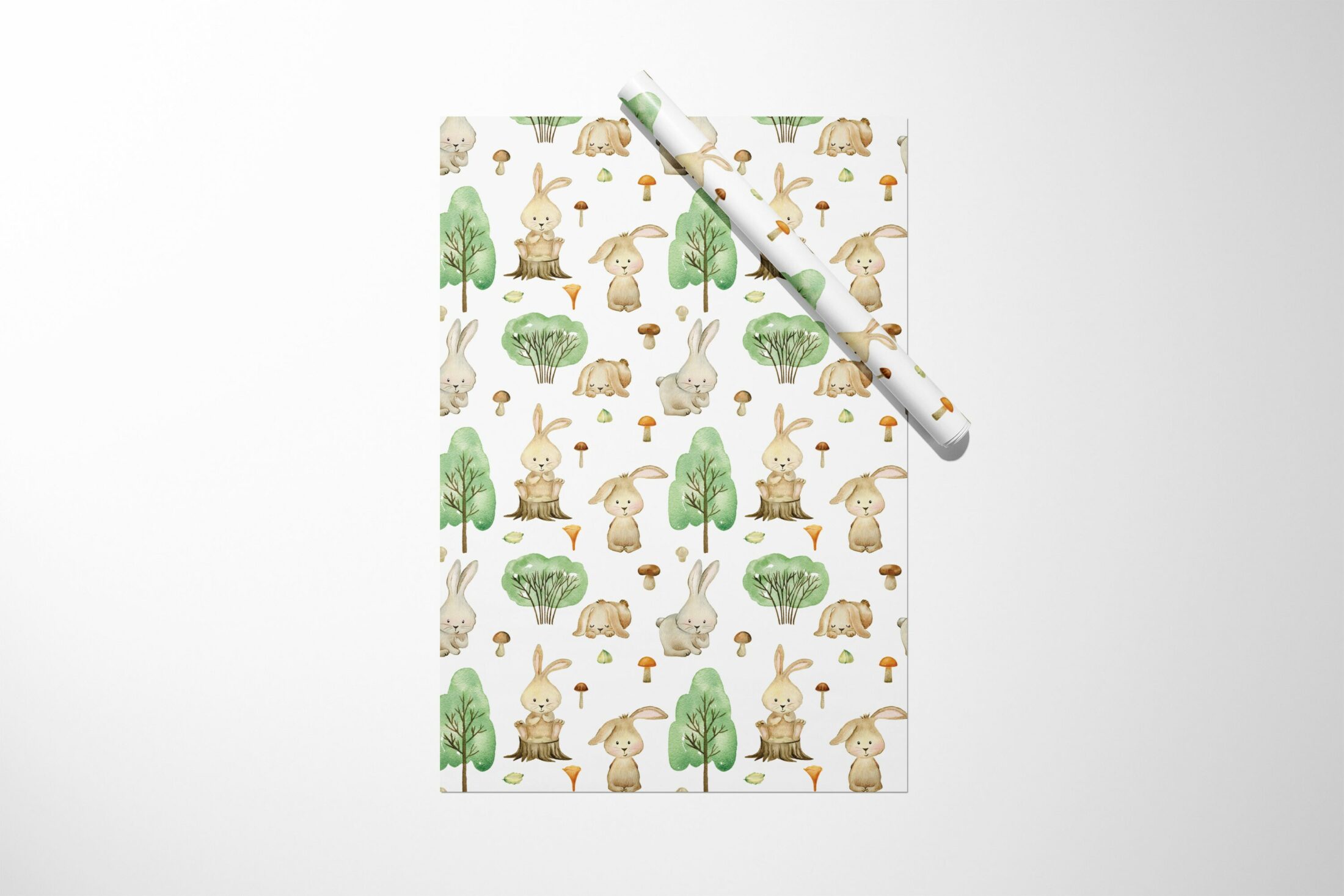 A Bunny and Forest Wrapping Paper with giraffes and trees on it.