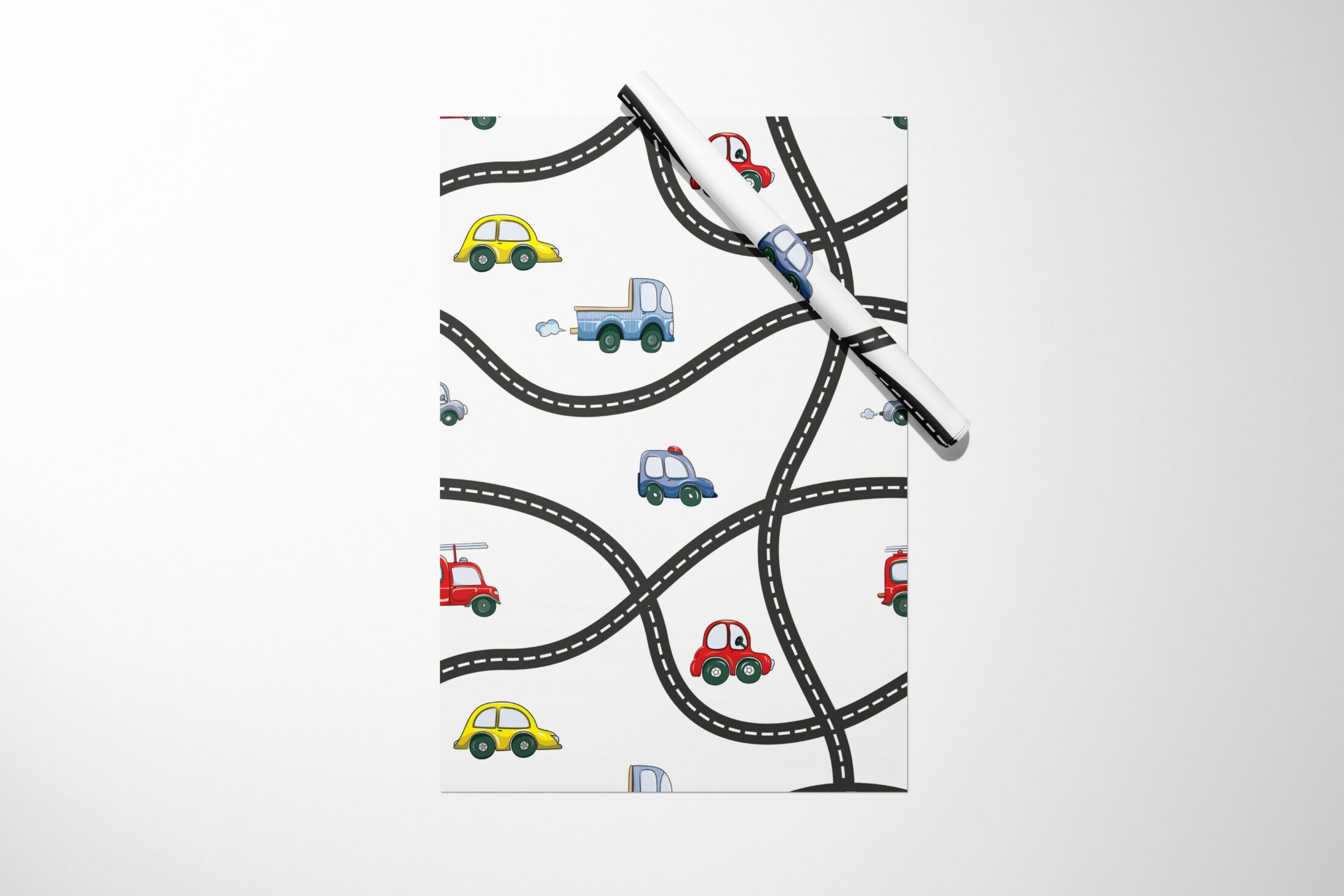 A kitchen towel with Cars and Roads Wrapping Paper on it, perfect as a gift for car enthusiasts.