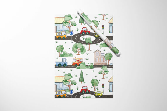 A Cars, Roads, and Town Wrapping Paper featuring a picture of a Roads and Cars.