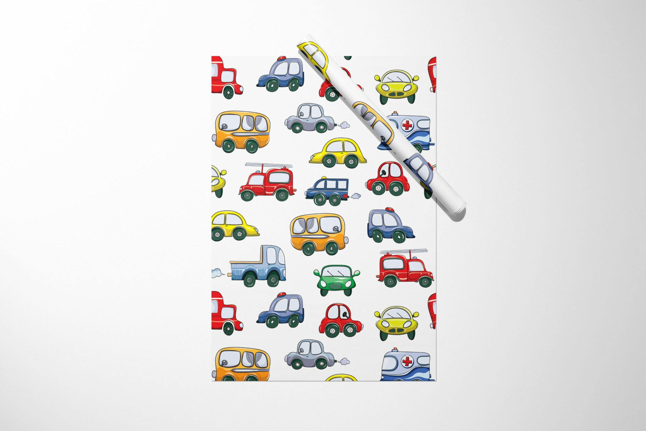 A Multi-Color Car Wrapping Paper featuring colorful cars, perfect for a birthday celebration.